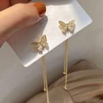 925 Silver Post Gold Butterfly Long Tassel Chain Gold Drop Earrings for Women Photo 1
