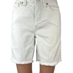 Good American Icon White Denim Mid Rise Crop Raw Hem Bermuda Jeans Shorts Sz 25 Photo 0