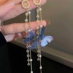 Crystal Butterfly Pearl Tassel Long Dangle Drop Earrings for Women Gold Photo 2