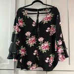 Seven Sisters Black with Pink Rose Semi-Sheer V-Neck Low V Back with Tie Blouse Photo 1