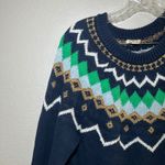 J Crew Navy Fair Isle Sweater Women's L Green Blue Gold Sparkle Knit holiday Size L Photo 1