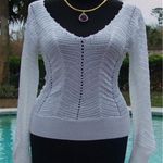 Cache White Peek-a-boo Crochet Stretch Knit V Neck Banded Bottom Top NWT $118 Photo 2