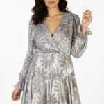 Aakaa  Metallic Floral Long Sleeve Mini Dress Womens S Gray Glam Festive Coquette Photo 0