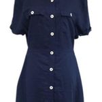 Navy Blue 100% Linen Short Sleeve Button Front Dress Classic Midi Size Large New Blue Photo 0