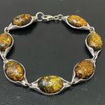 Vintage Mid Century Sterling Baltic Amber Cabochon Link 7" Bracelet 10.7g Photo 1