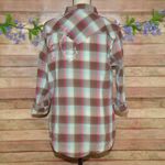 Wrangler  XL Pink Blue Brown Plaid Western Pearl Snap Shirt Embroidered Rhineston Photo 6