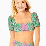 Lilly Pulitzer Ressina Pink Green Floral Square Neck Puff Sleeve Bikini Swim Top Photo 0