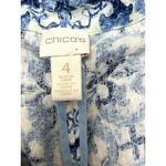 Chico's Blue White Floral 100% Linen Fringe Kimono Jacket Size 4 Boho Coastal Photo 3