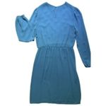 VTG 80s Balloon Long Sleeve Ruffle Midi Dress Blue Pearl Front Accent Women’s 10 Photo 3