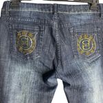 Bebe Cropped Denim Jeans 32 Med Wash Mid Rise Embellished Pockets Button Zip Photo 3