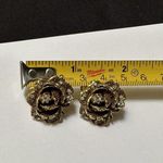 Vintage Signed Goldette Rhinestone Flower Clip On Non Pierced Earrings Gold Tone Photo 4