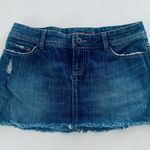American Eagle distressed mini denim Jean skirt with/ pink stitching & rhinestones Photo 2