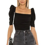 frame denim FRAME Betty Knitted Black Noir Square Neck Ruched Puff Sleeve‎ Top Size L Photo 0