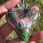 Puffy heart pendant for necklace large colorful mosaic floral silver metal Photo 2