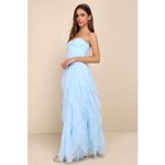 Lulus NWT  Delightful Beauty Blue Mesh Strapless Ruched Ruffled Maxi Dress Sz S Photo 5