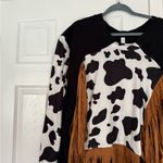 Reworked Clothing Cow Print Fringe Long Sleeve Top Rodeo Western Cowgirl Black Photo 2