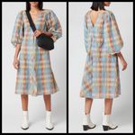 Ganni ππ Seersucker Check Dress ~ Midi Tent Plaid Picnic Balloon Sleeve Size 40 Photo 1