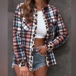 ASVIVID Plaid Tunic button up roll tab long sleeves leopard print accents size L Blue Size L Photo 0