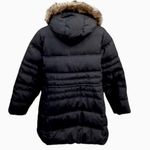 Eddie Bauer  Black Goose Down Hooded Puffer Pea Coat with Faux Fur Trim Sz Large Photo 3