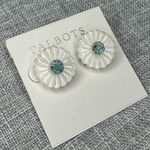 Talbots Carved Floral Rhinestone Round Stud Earrings Blue Teal & White NWT Photo 3