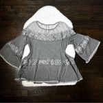 POL Charcoal Gray Mesh Floral Lace Bell Sleeve Top Photo 4