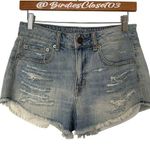 American Eagle  Hi Rise Festival Boho Denim Cut Off Frayed Shorts Blue 4 Photo 0
