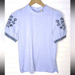 Loft Embroidered Cotton Short Sleeve Shirt Blue Small Boho Photo 2