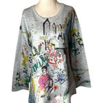 Inoah Shirt Women Medium Gray Artsy Paris Long Sleeve Asymmetric Hem Top Boho Photo 0