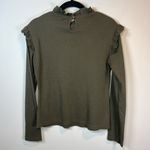 Ruffle Long Sleeve Ribbed Blouse Shirt Olive Green Ruffle Neck & Shoulder Medium Photo 7