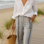 Natural Reflections Linen Blend Striped Wide Leg Pants Boho Cottagecore Coast L Photo 0