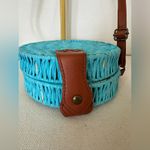 Lucky 7 turquoise Round Circular Straw Purse Sweet Feminine Floral Print Lining Blue Photo 4
