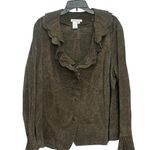 Coldwater Creek Suede Leather Jacket Size 2X Eyelet Ruffle Neck Y2K Boho Green Photo 0