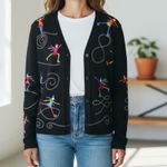 Vintage Michael Simon Lite Cardigan M Black Embroidered Novelty Knit Ice Skaters Size M Photo 3