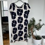 Boden Navy & Cream Sweater Midi Dress w/ Retro Floral Pattern, Size 12, Like New Blue Photo 1