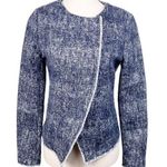 Ecru Blue Printed Fringe Trim Tweed Jacket Zip Blazer Women's Size XS Photo 0