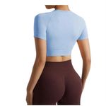 Gym Exercise Sky Blue Cropped Short Sleeve Stretchy Athletic Top Medium Photo 2