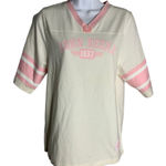 John Deere  Jersey Style T Shirt M White Pink Short Sleeve V Neck Tractors Photo 0