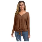 Women's Waffle Knit Tunic Blouse Tie Knot Henley Top Loose Fitting Shirt SM Brown Photo 1