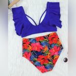 Blue Ruffle Top High Waisted Floral Bottoms 2 Piece Bikini Swimsuit Bathing Suit Size XXL Photo 9