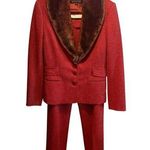Anne Klein 2Pc Pant Suit Blazer Jacket Faux Fur Wool Blend Red Orange Size 8 NWT Photo 0