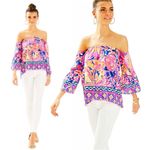 Lilly Pulitzer Sanilla Silk Off The Shoulder Top XXS Pink Fusion Butterfly Neon Photo 4