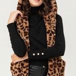 Leopard Animal Print Faux Fur Hooded Vest Size M Photo 0
