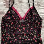 Floral black sheer pink lace trim spaghetti straps crop top, size S bohemian Photo 10