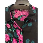 Karen Kane Floral Button Up Shirt Black/Pink Leafy Print L Photo 3