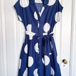 Boden • Seatown Shirt Dress navy white polka dot tie waist belt linen cotton Blue Size 6 Photo 0