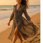 Trio New York Size 14 Black White Zebra Print Silk Shirt Dress Sheer Long Sleeve Photo 0