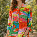 Jams World  VTG Button Down 3/4 Sleeve Tropical Floral Tunic Top XL Dreams Hawaii Photo 0