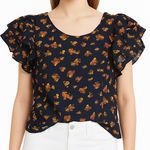 Blue Floral Flouncy Ruffled Bat Wing Sleeve Top Size M Photo 8