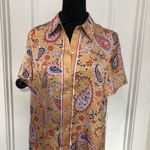 DR2 Womens Shirt‎ S Yellow Paisley Satin Collared Short Sleeve Button Up NWT Photo 2