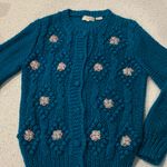 Michael Richards Wo Size Small Vintage Teal Knit Sweater with Floral Embroidery Photo 4